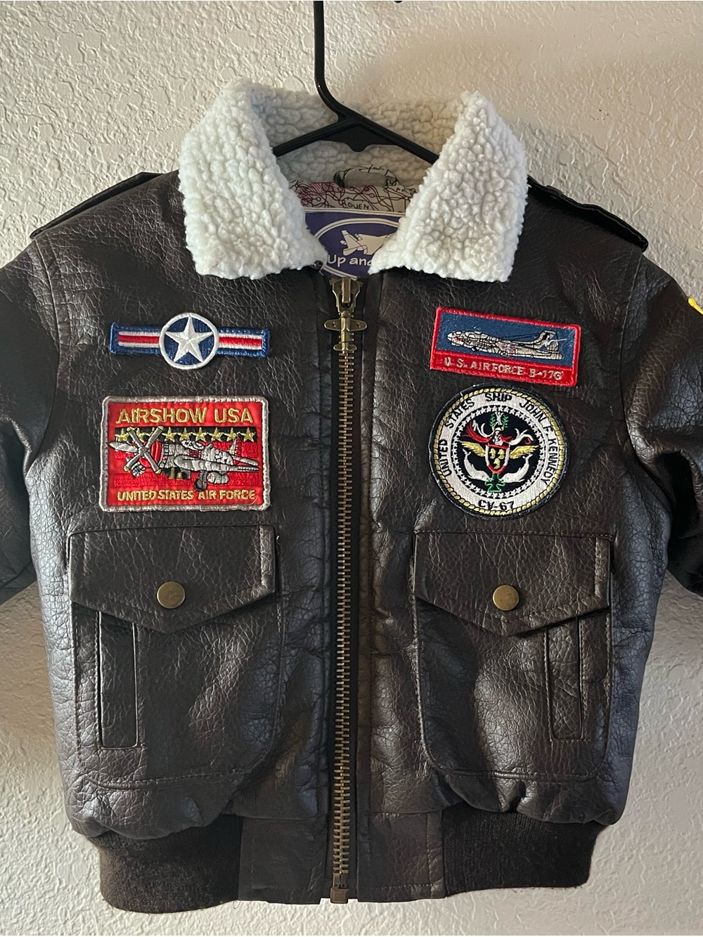 Kids Brown Faux Leather Bomber Jacket with Sherpa Collar